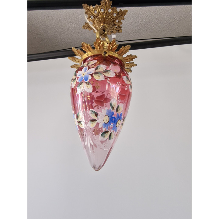 Candeeiro de Teto Vintage em Bronze e Vidro Rosa