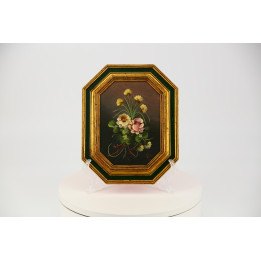 Vintage Bloemen Olieverfschilderij - Octagonale Houten Lijst