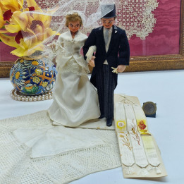 Vintage Bruidstaart Topper Set 1950 - Kant & Zijde