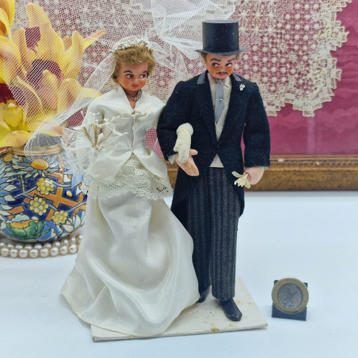 Vintage Bruidstaart Topper Set 1950 - Kant & Zijde