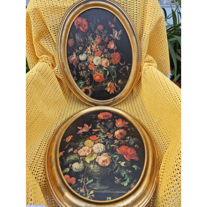 Pair of Vintage Floral Still Life Art on Wood Panels