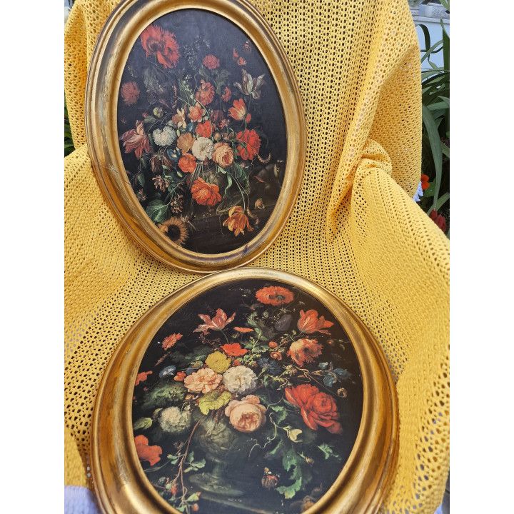Paire de Natures Mortes Florales Vintage sur Bois