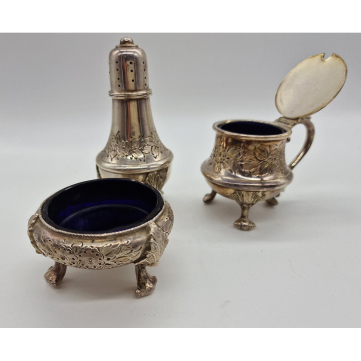 Antikes englisches Menage-Set EPBM & Kobaltglas, um 1900