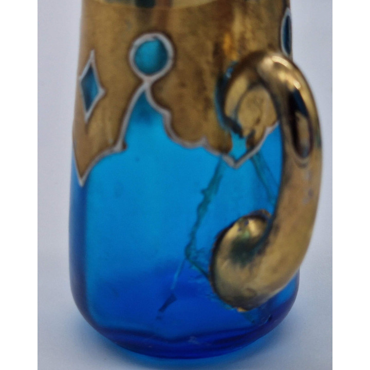 Set da liquore antico boemo, vetro cobalto e oro, XIX secolo