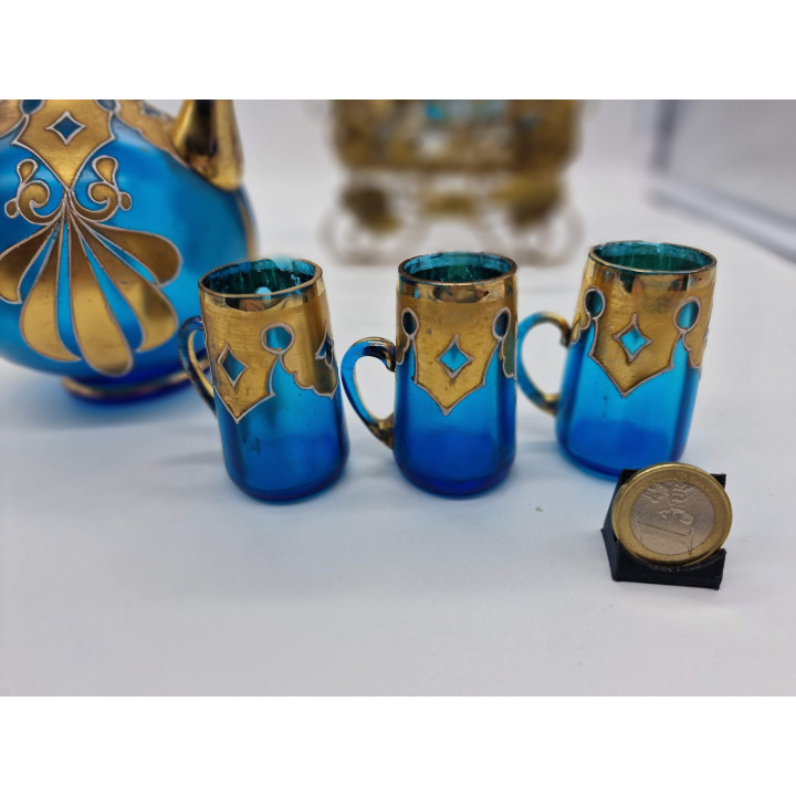 Conjunto de Licor Boêmio Antigo, Vidro Cobalto e Ouro Séc. XIX