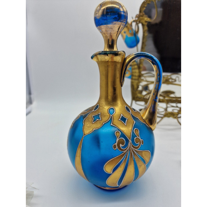 Antiek Boheems likeurservies 19e eeuw, kobaltglas en goud