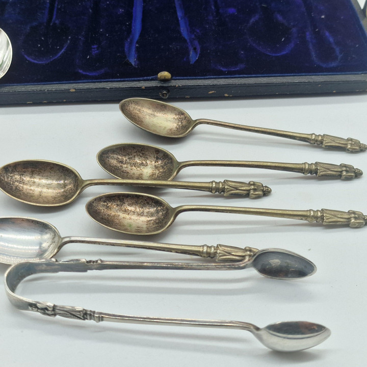 Antique 1920s Monk Silver-Plated Tea Spoon & Tong Set