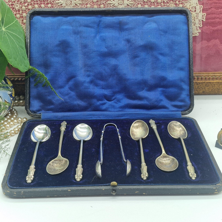Antique 1920s Monk Silver-Plated Tea Spoon & Tong Set